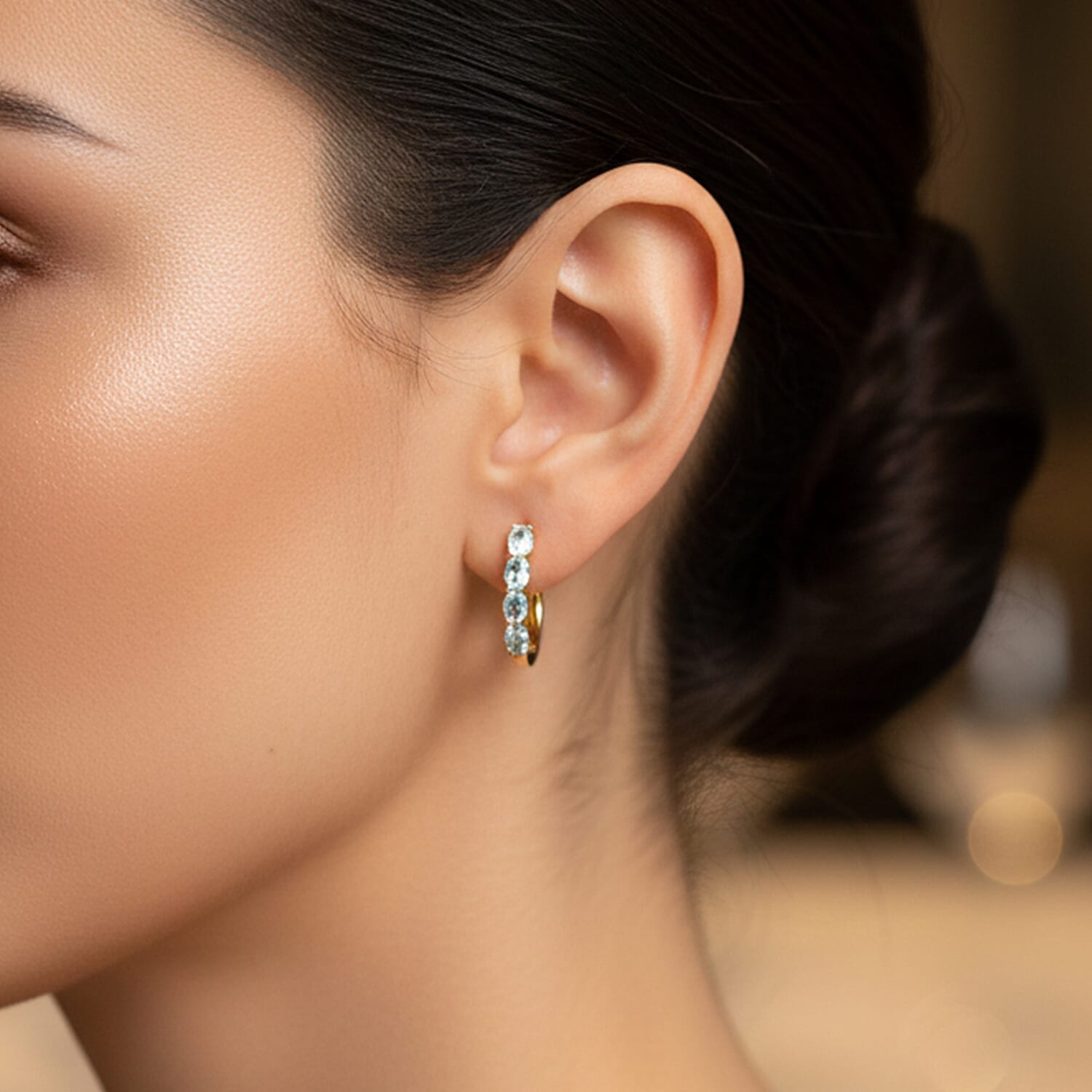 Aquamarine Hoop Earrings with Clasp in 18K Vermeil Yellow Gold Plated in Sterling Silver 1.32 Ct.